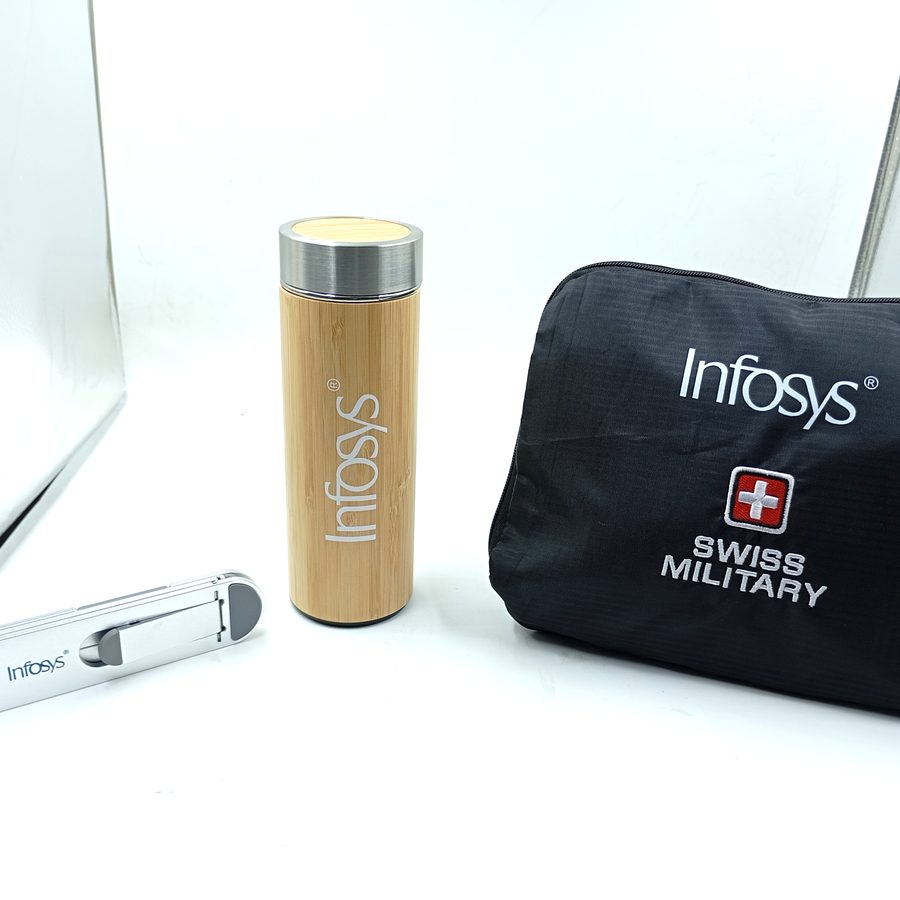 Infosys bamboo tumbler and travel kit
